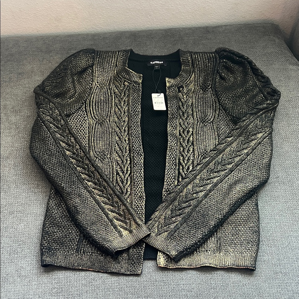 Express Metallic Cable Knit Cardigan Sweater - Gold